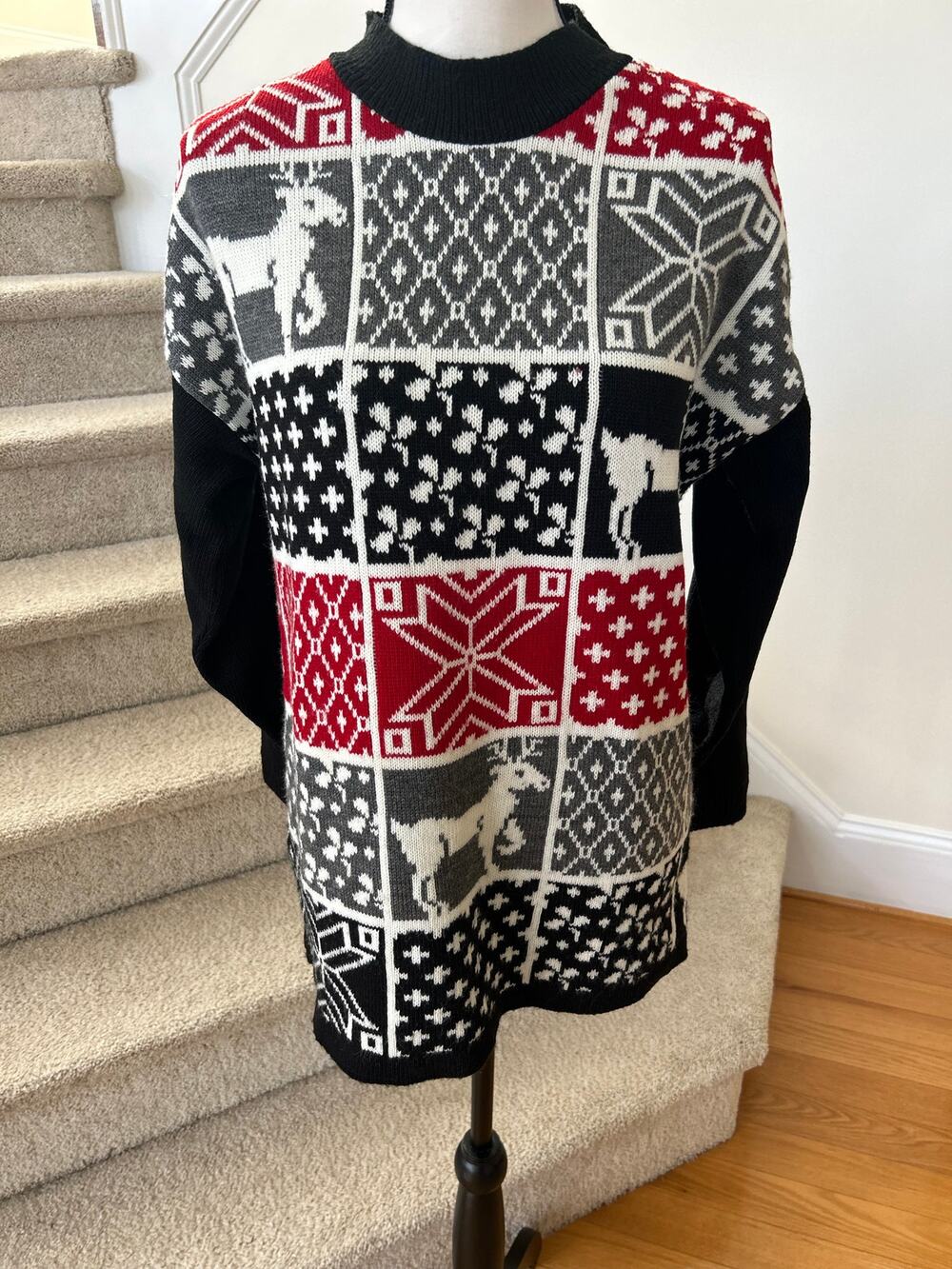 Vintage 90s Black, Red & Grey Reindeer Snowflake Patchwork Sweater